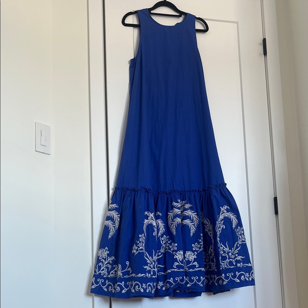 Blue Cotton Sleeveless Dress with White Floral Hem